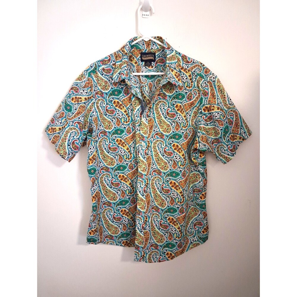 Cremieux Denim Shirt XL Blue Yellow Paisley Artsy Vacation Summer Button Down